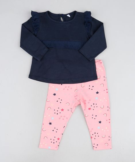 Conjunto Infantil Blusa Azul Marinho com Babado Manga Longa + Calça Legging Rosa Claro