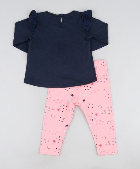 Conjunto Infantil Blusa Azul Marinho com Babado Manga Longa + Calça Legging Rosa Claro