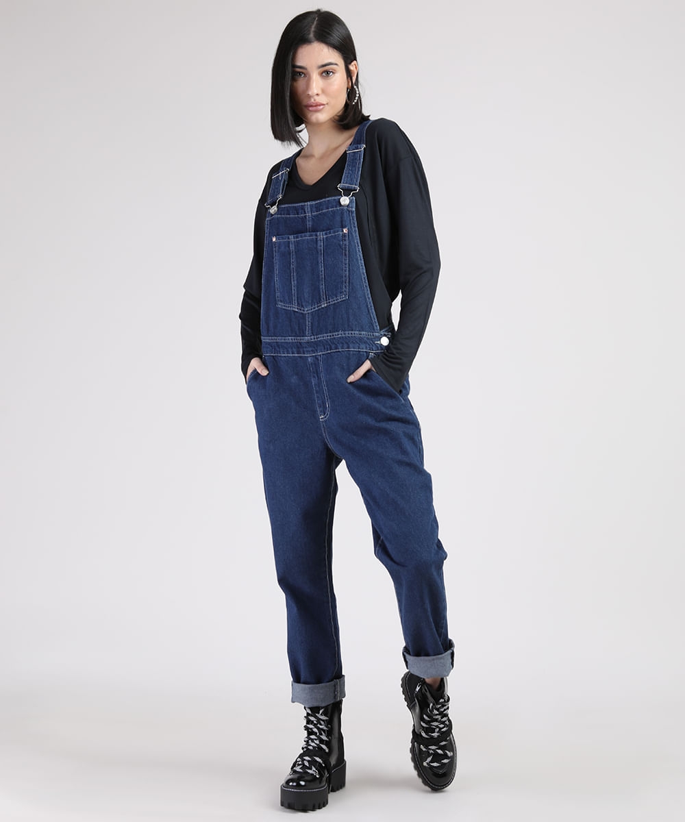 Macacão Jeans Feminino Relaxed com Bolsos Azul Escuro Menor preço em Macacão Jeans Feminino Relaxed com Bolsos Azul Escuro