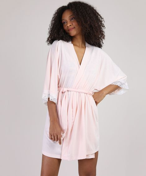 Robe Feminino Manga 7/8 com Renda Rosa Claro