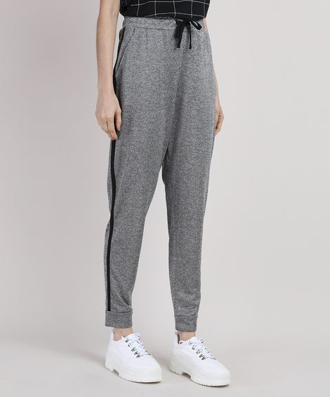 Calça de Moletom Feminina Cintura Super Alta com Bolsos e Faixa Lateral Cinza Mescla Escuro