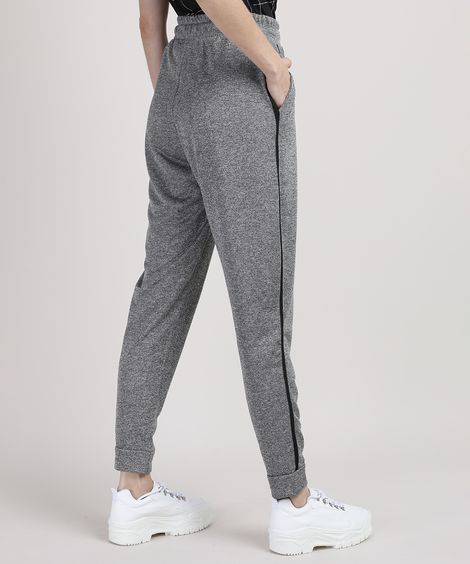 Calça de Moletom Feminina Cintura Super Alta com Bolsos e Faixa Lateral Cinza Mescla Escuro