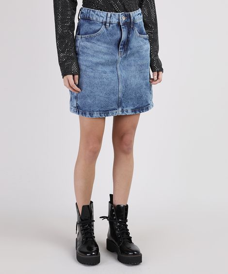 Saia Jeans Feminina Curta com Recorte e Fenda Azul Médio