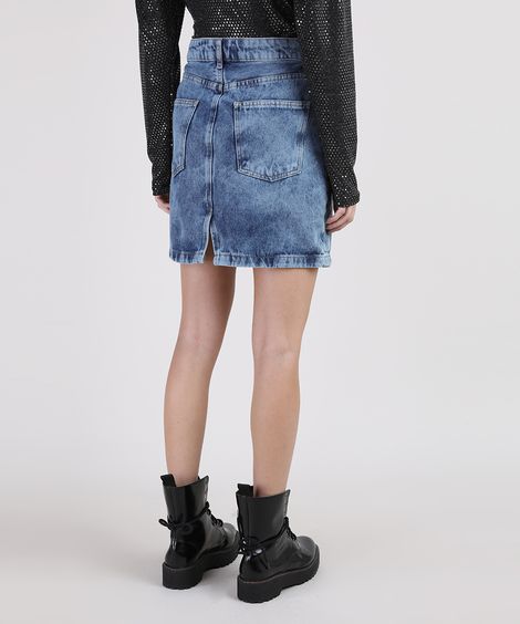 Saia Jeans Feminina Curta com Recorte e Fenda Azul Médio