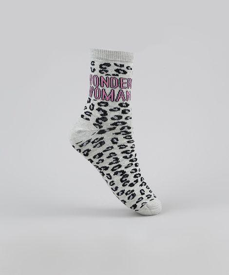 Meia Feminina Cano Alto Mulher Maravilha Estampada Animal Print Onça Cinza Mescla