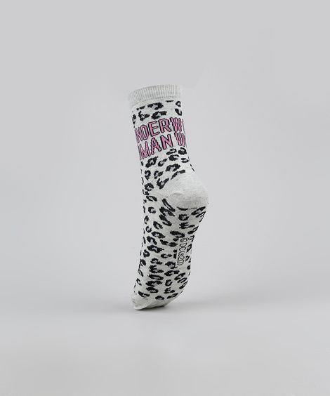 Meia Feminina Cano Alto Mulher Maravilha Estampada Animal Print Onça Cinza Mescla