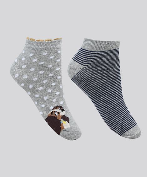 Kit de 2 Meias Femininas Cano Baixo A Dama e o Vagabundo Estampadas Multicor