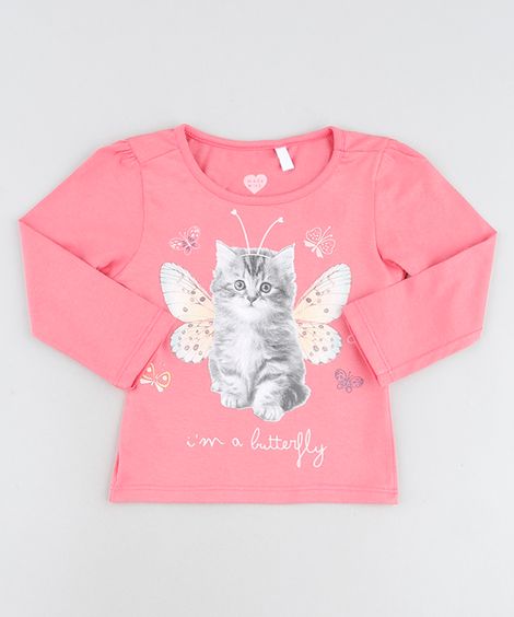 Blusa Infantil Gatinho Manga Longa Rosa