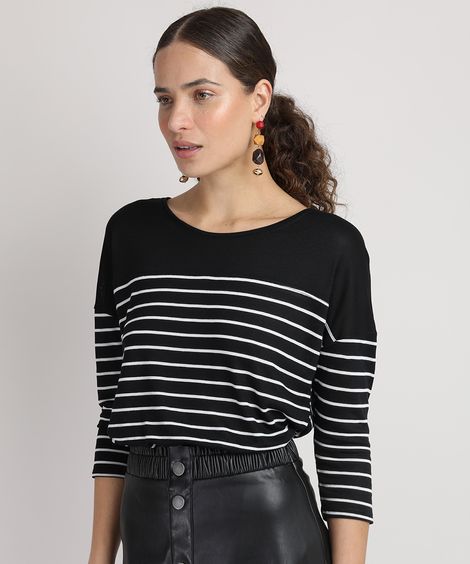 Blusa Feminina Estampada Listrada Manga 7/8 Decote Redondo Preta