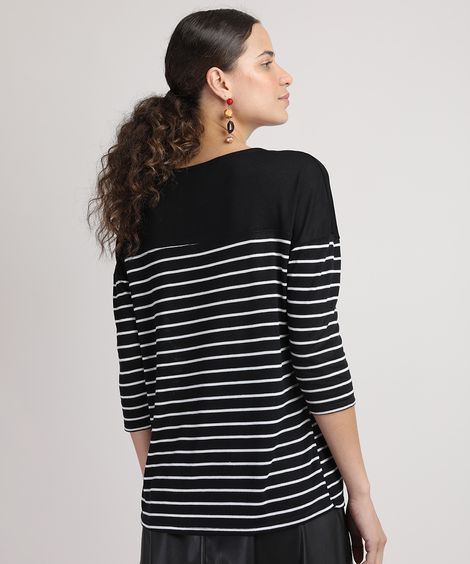 Blusa Feminina Estampada Listrada Manga 7/8 Decote Redondo Preta