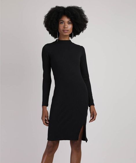 Vestido Feminino Midi Canelado com Vazado e Fenda Manga Longa Gola Alta Preto