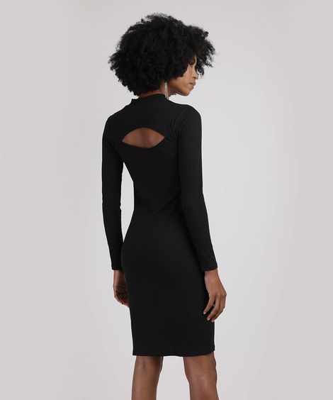 Vestido Feminino Midi Canelado com Vazado e Fenda Manga Longa Gola Alta Preto