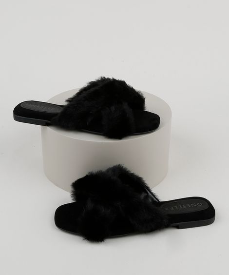 Rasteirinha Comfy de Pelo Feminina Oneself Tiras Cruzadas Preta
