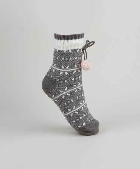 Meia de Inverno Feminina em Tricô com Interior em Pelo Estampada de Flocos de Neve Chumbo