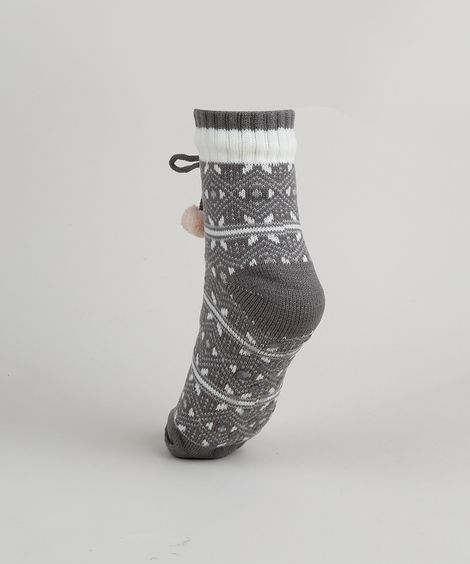 Meia de Inverno Feminina em Tricô com Interior em Pelo Estampada de Flocos de Neve Chumbo