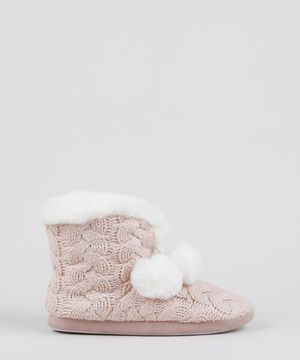 Bota em Tricot com Pompons e Pelo Rosa