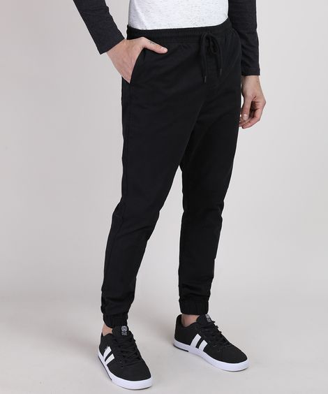 Calça de Sarja Masculina Jogger Slim com Cordão e Bolsos Preta