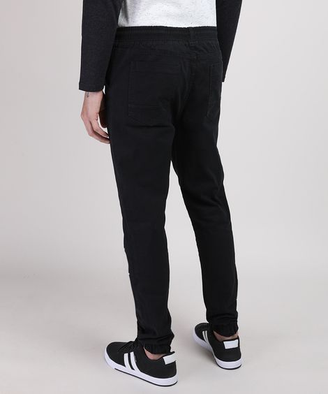 Calça de Sarja Masculina Jogger Slim com Cordão e Bolsos Preta