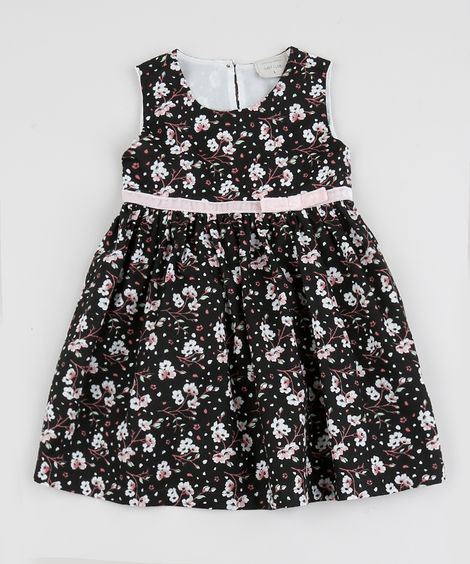 Vestido Infantil Floral com Lacinho Regata Preto
