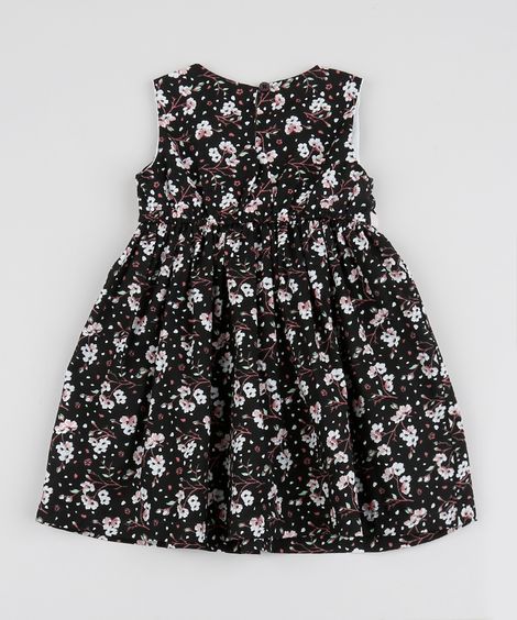 Vestido Infantil Floral com Lacinho Regata Preto