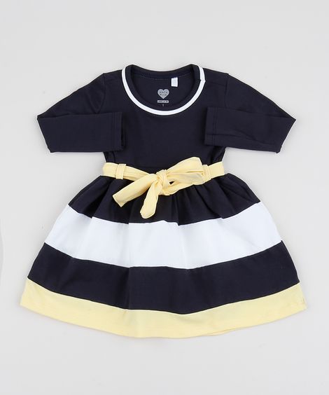 Vestido Infantil Listrado com Laço Manga Longa Azul Marinho