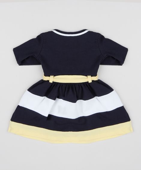 Vestido Infantil Listrado com Laço Manga Longa Azul Marinho