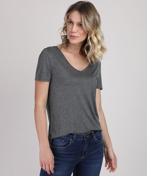 Blusa Feminina Básica Manga Curta Decote V Cinza