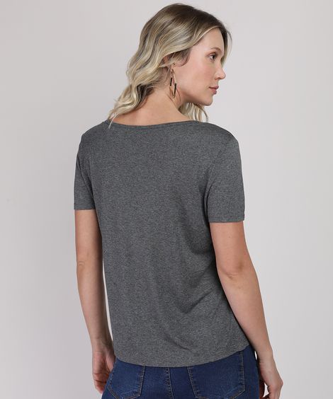 Blusa Feminina Básica Manga Curta Decote V Cinza