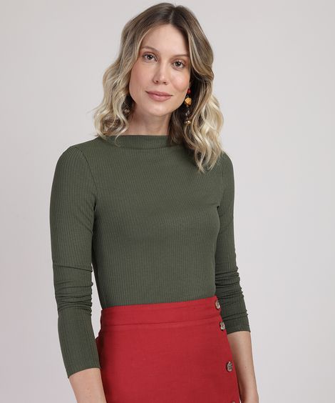 Blusa Feminina Canelada Manga Longa Decote Canoa Verde Militar