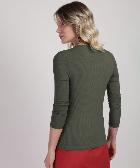 Blusa Feminina Canelada Manga Longa Decote Canoa Verde Militar