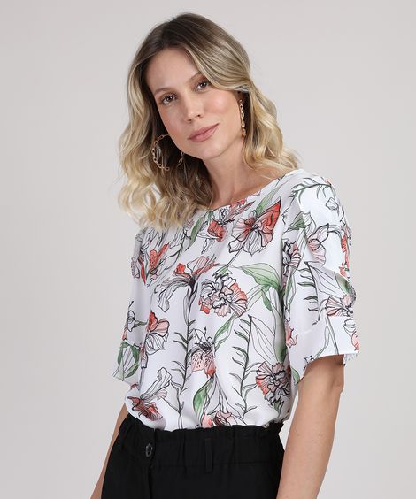 Blusa Feminina com Estampa Floral Decote Redondo Manga Curta Off White