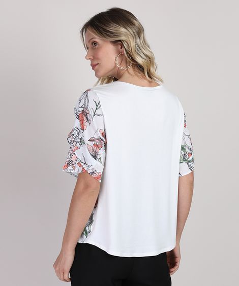 Blusa Feminina com Estampa Floral Decote Redondo Manga Curta Off White