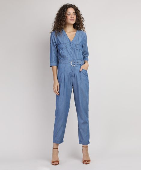 Macacão Jeans Feminino com Bolsos e Cinto Manga 3/4 Azul Médio