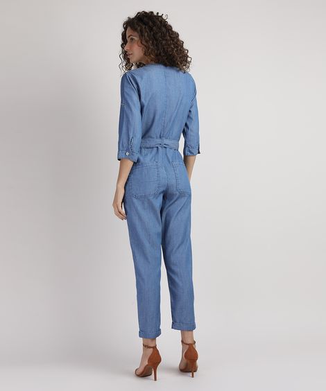 Macacão Jeans Feminino com Bolsos e Cinto Manga 3/4 Azul Médio