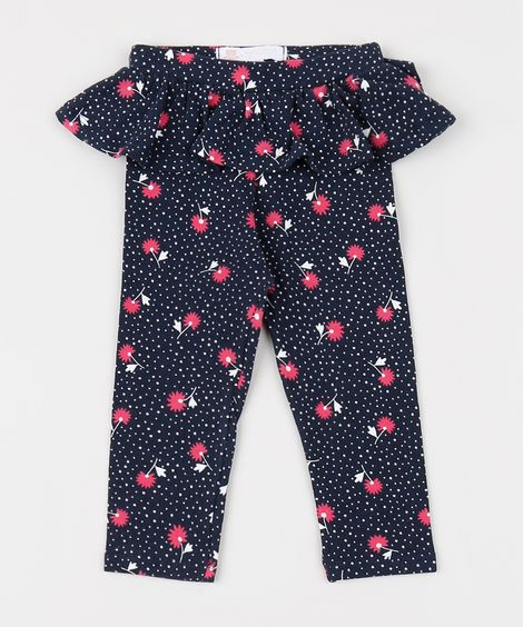 Calça Legging Infantil Estampada Floral com Babados Azul Marinho