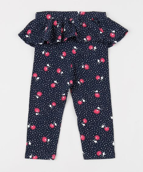 Calça Legging Infantil Estampada Floral com Babados Azul Marinho