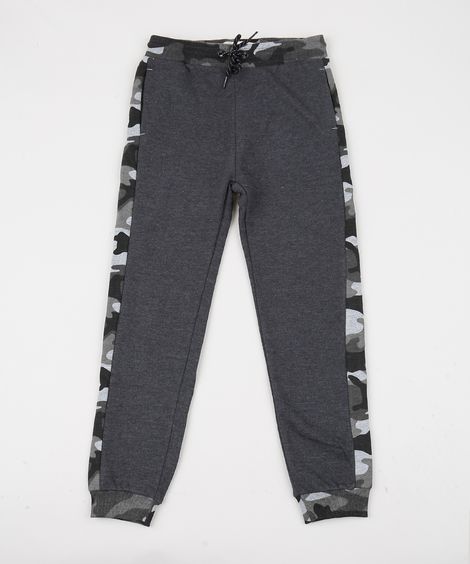 Calça de Moletom Infantil Camuflado com Bolsos Cinza Mescla Escuro