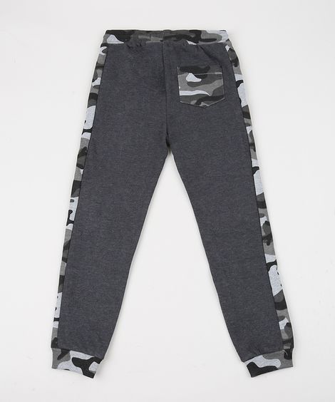 Calça de Moletom Infantil Camuflado com Bolsos Cinza Mescla Escuro