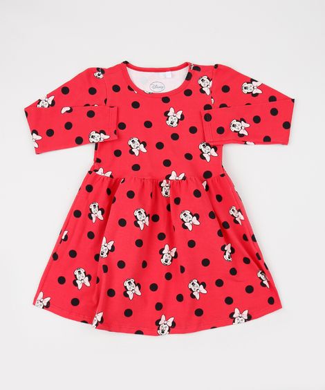 Vestido Infantil Minnie Estampado de Poá Manga Longa Vermelho