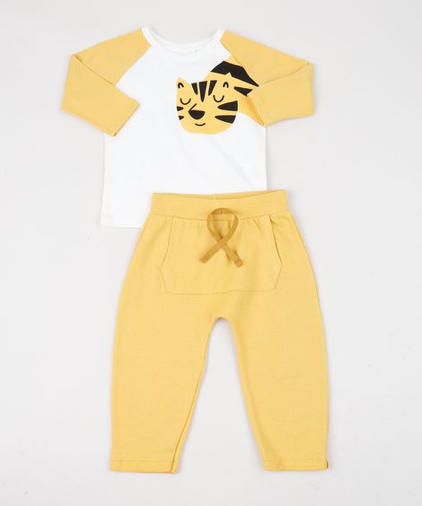 Conjunto Infantil Tigre de Camiseta Manga Longa Off White + Calça de Moletom Mostarda