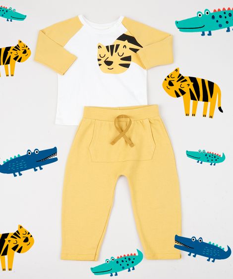 Conjunto Infantil Tigre de Camiseta Manga Longa Off White + Calça de Moletom Mostarda