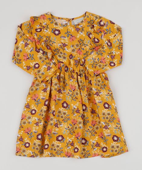 Vestido Infantil Estampado Floral Manga Longa com Babado Amarelo