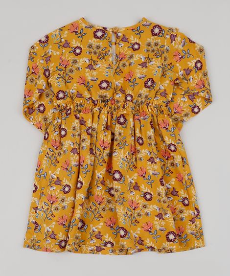 Vestido Infantil Estampado Floral Manga Longa com Babado Amarelo
