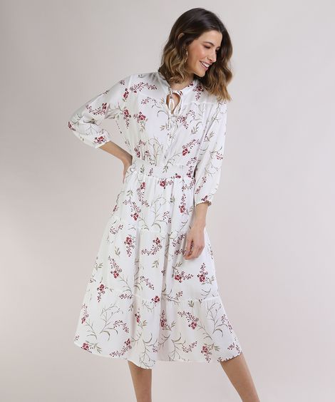 Vestido Feminino Midi Estampado Floral Manga Longa Branco