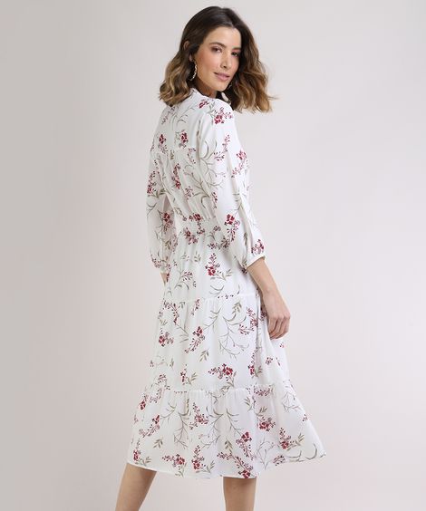Vestido Feminino Midi Estampado Floral Manga Longa Branco