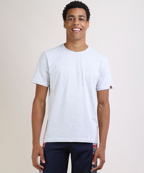Camiseta Masculina Folhagem Manga Curta Gola Careca Cinza Mescla
