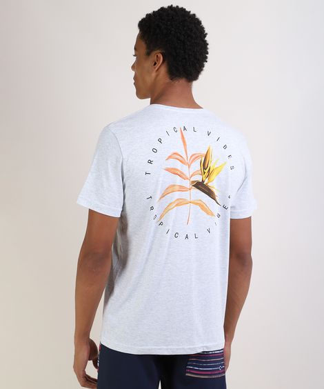 Camiseta Masculina Folhagem Manga Curta Gola Careca Cinza Mescla