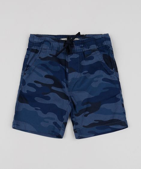 Bermuda de Sarja Infantil Estampada Camuflada com Cordão e Bolsos Azul Marinho