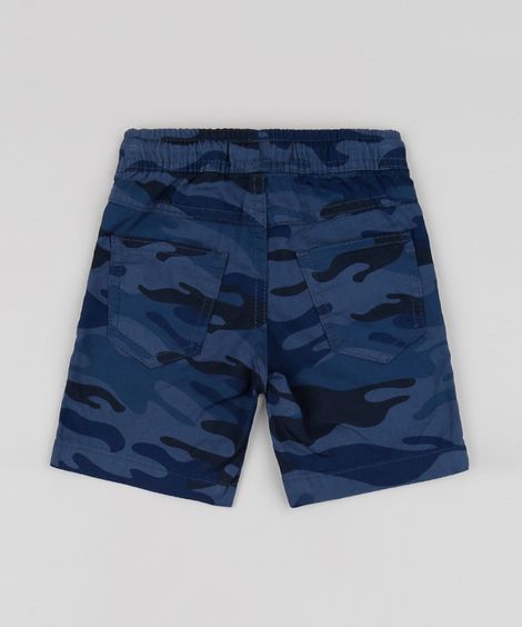Bermuda de Sarja Infantil Estampada Camuflada com Cordão e Bolsos Azul Marinho