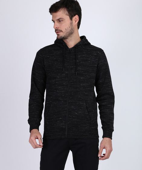 Blusão de Moletom Masculino com Capuz e Zíper Preto